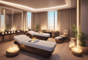 A tranquil spa with massage tables, aromatherapy candles, and soft lighting. Beauty stations with mirrors and luxurious chairs. Peaceful ambiance with soothing music