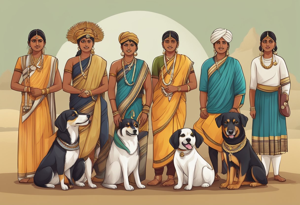 A group of indigenous dog breeds from Andhra Pradesh, India, are gathered around a traditional cultural event, showcasing their significance in the local community