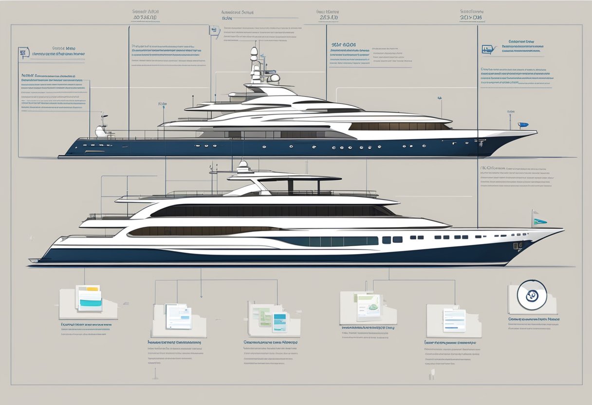 The construction timeline and payment schedule for a custom yacht are displayed on a detailed chart, with key milestones and corresponding payment amounts clearly outlined