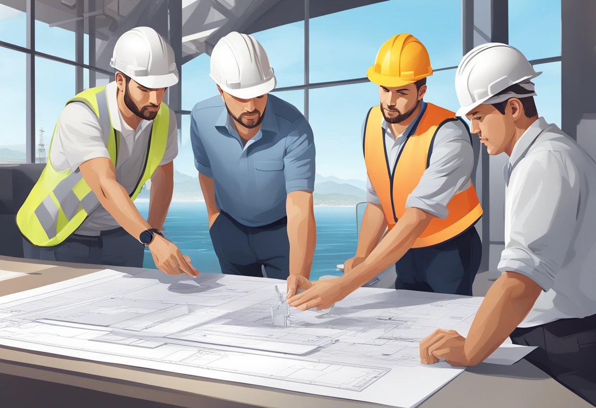 A team of engineers and architects review blueprints and discuss materials and labor costs for a custom yacht construction project