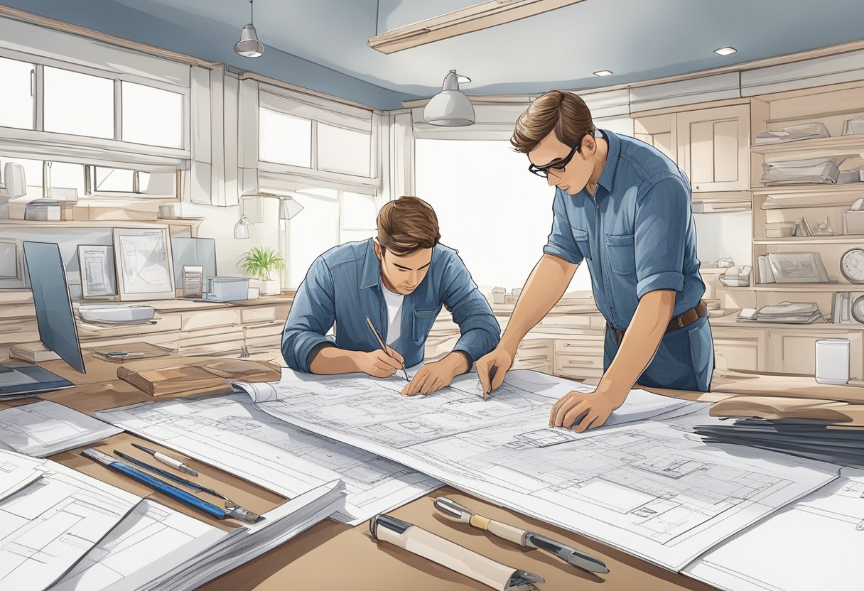 A yacht builder reviewing blueprints, surrounded by materials and tools, calculating cost estimates for custom construction