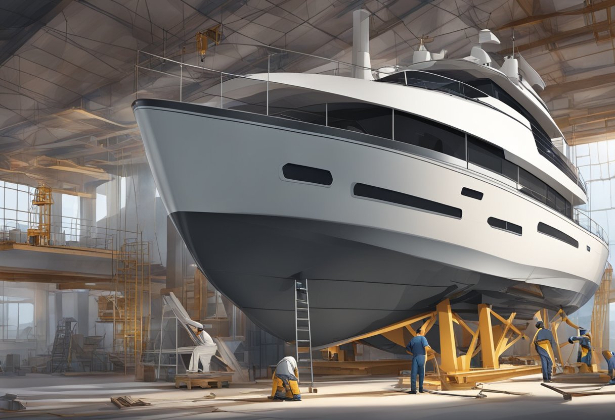 A yacht under construction, with workers customizing features, impacting the overall cost