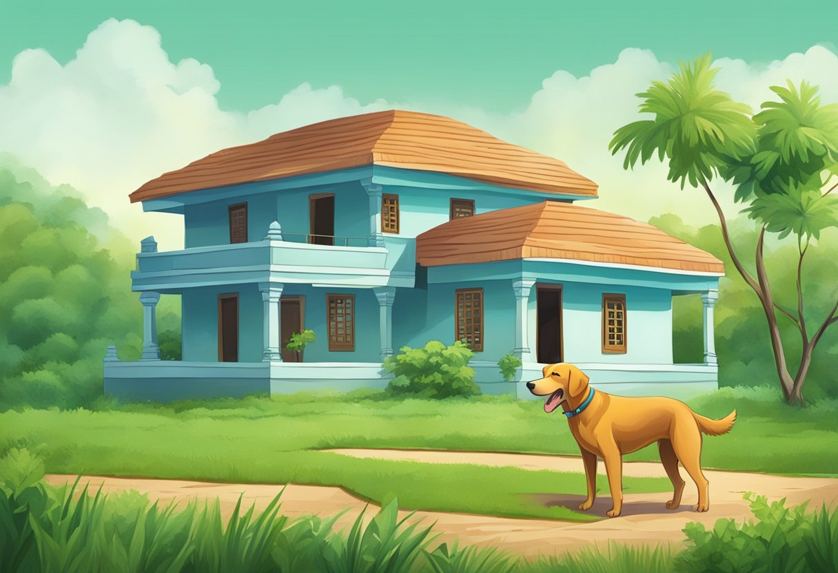 A happy dog playing in a lush green field with a traditional Andhra Pradesh house in the background