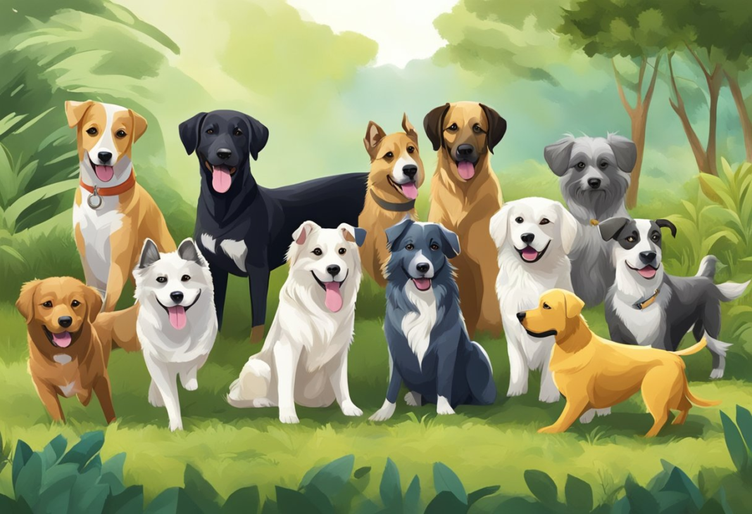 A group of lively and diverse dog breeds playing in the lush landscapes of Andhra Pradesh, showcasing their unique characteristics and personalities