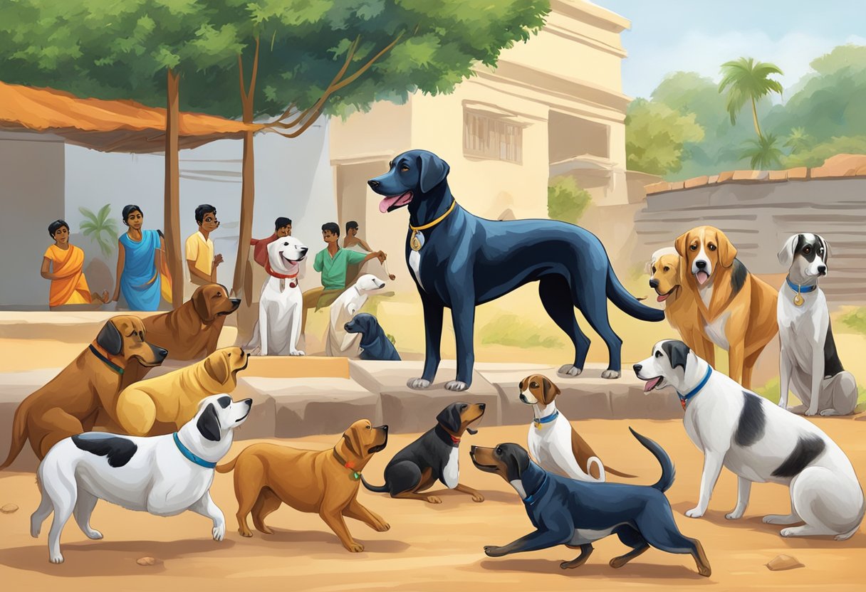 Various dog breeds in Andhra Pradesh, like Rajapalayam and Kombai, are depicted in a lively setting, showcasing their popularity in the region