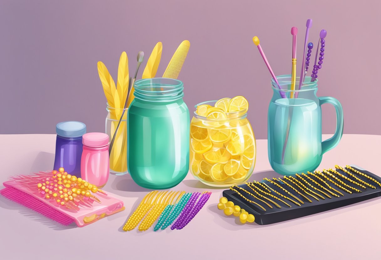 A table with colorful beads, combs, and hair products for Lemonade Braids